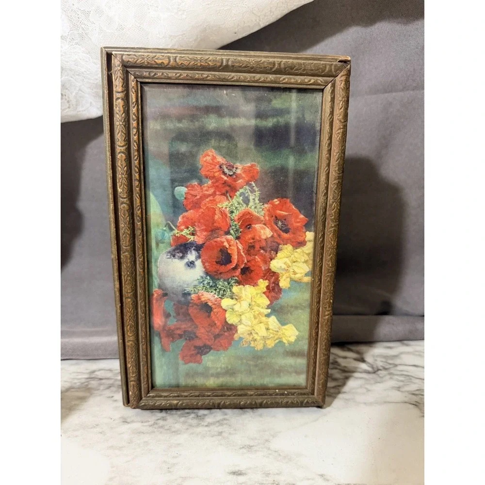 Really Old Wooden Jewelry Box With Mirror Floral Glass Top (A3195)